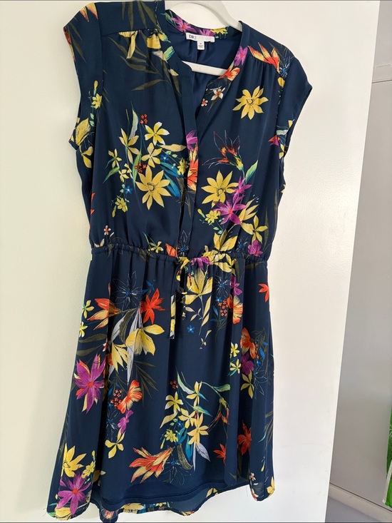 DR2 Dresses & Skirts - DR2 Navy Floral Drawstring Mini Dress with Yellow & Pink Blooms